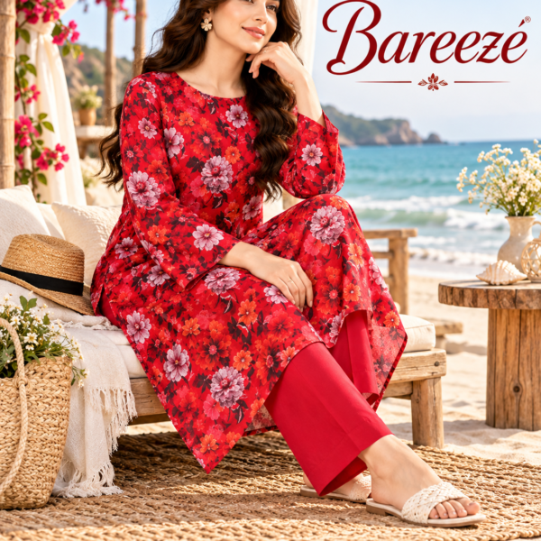 Bareeze Red Floral Printed 2 Piece Lawn Suit with Plain Trouser
