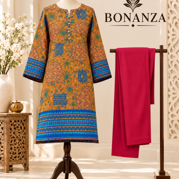 Bonanza Mustard Blue Printed 2 Piece Lawn Suit