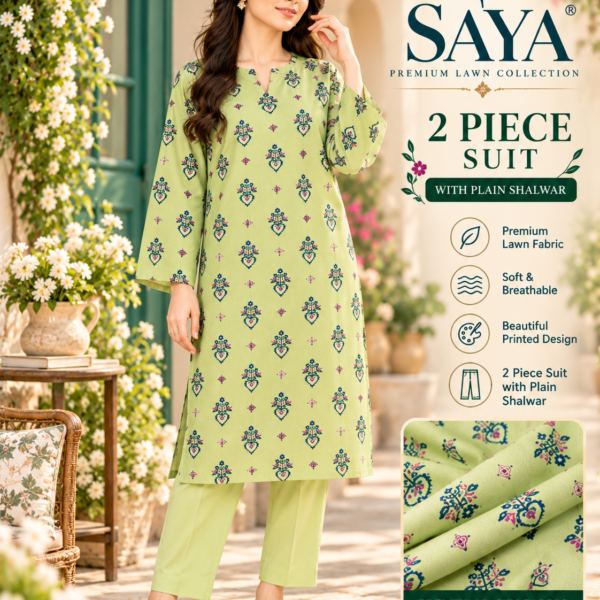 Saya Lime Green Printed 2 Piece Lawn Suit with Plain Shalwar