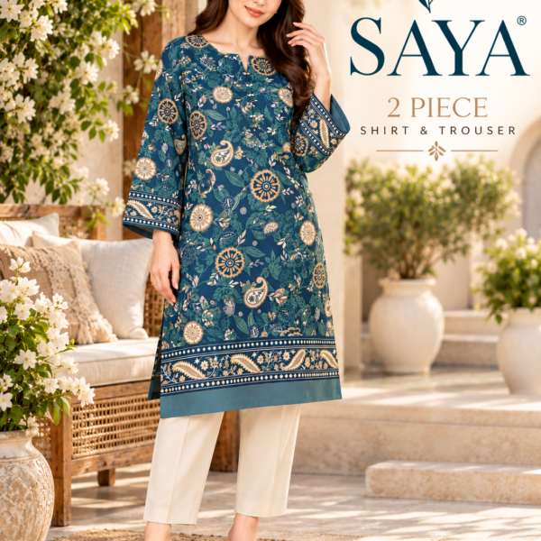 Saya Teal Blue Printed 2 Piece Lawn Suit with Plain Trouser